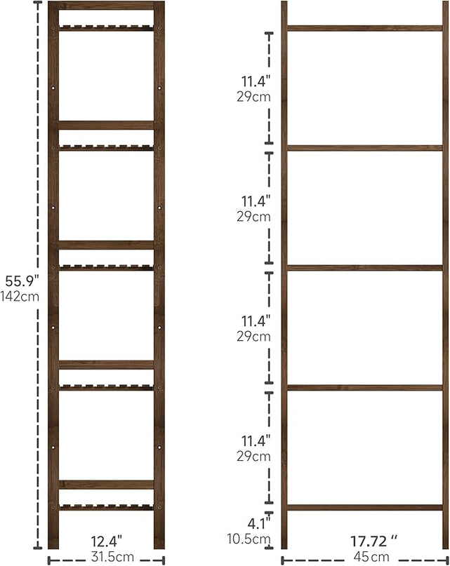 Bamboo Book Shelf, Tall Narrow Bookcase, Bathroom shelving Unit 5 tier Floor Standing Adjustable Bookshelf for Small Spaces, Walnut - LeafyLoom
