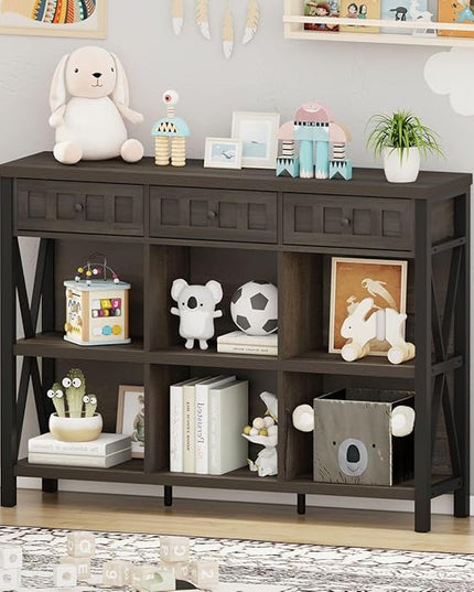 FATORRI Rustic 6 Cube Storage Organizer Shelf with 3 Drawers, Long Horizontal Bookshelf, Industrial Wood and Metal Cubby Bookcase (Walnut Brown, 47 Inch) - LeafyLoom