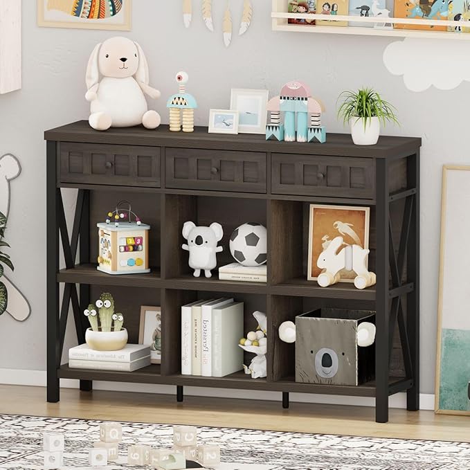 FATORRI Rustic 6 Cube Storage Organizer Shelf with 3 Drawers, Long Horizontal Bookshelf, Industrial Wood and Metal Cubby Bookcase (Walnut Brown, 47 Inch) - LeafyLoom