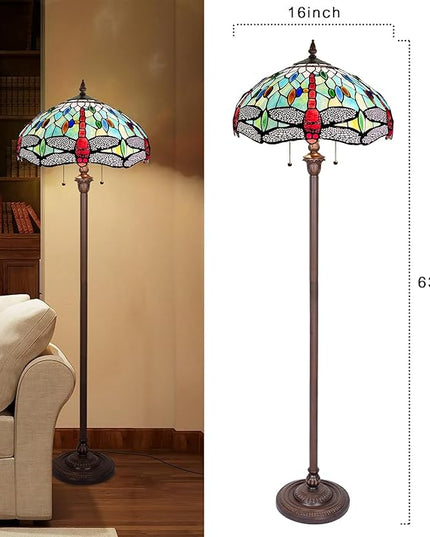 Capulina Tiffany Floor Lamp Fine Sky Dragonfly Style Stained Glass Standing Light Industrial Dark Bronze Pole for Living Room Bedroom Home Office - LeafyLoom