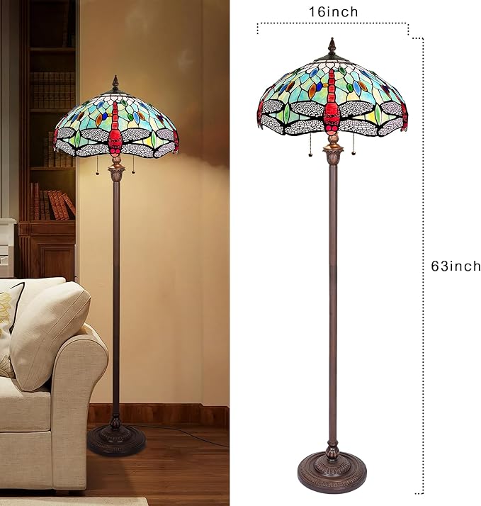 Capulina Tiffany Floor Lamp Fine Sky Dragonfly Style Stained Glass Standing Light Industrial Dark Bronze Pole for Living Room Bedroom Home Office - LeafyLoom