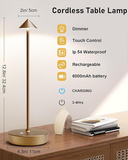 Set of 2 Rechargeable Cordless Table Lamp,6000mAh LED Battery Operated Desk Lamp Touch 3 Color Dimming Portable Outdoor Waterproof Table Light for Patio/Restaurant/Dining/Home (Bronze) - LeafyLoom