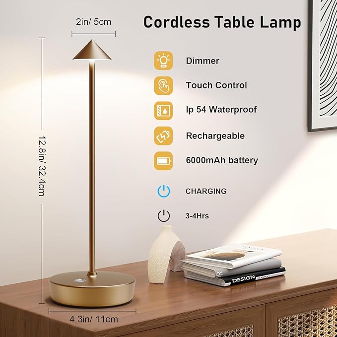 Set of 2 Rechargeable Cordless Table Lamp,6000mAh LED Battery Operated Desk Lamp Touch 3 Color Dimming Portable Outdoor Waterproof Table Light for Patio/Restaurant/Dining/Home (Bronze) - LeafyLoom