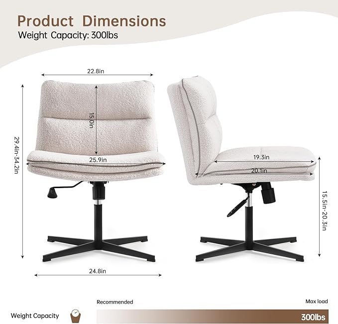 EMIAH Armless Office Desk Chair No Wheels Faux Fur Vanity Mid-Back Ergonomic Home Computer Comfortable Adjustable Swivel Furry Task Chair with Thickened Cushion - LeafyLoom