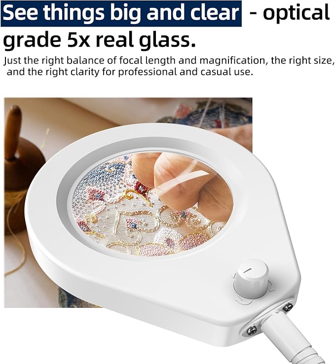 5X Magnifying Glass with Lights and Clamp, 4.2'' 5X Real Glass Magnifier Desk Lamp, w/Flexible Gooseneck Handsfree for Craft Workbench Hobby - New Rotary Switch Design - LeafyLoom