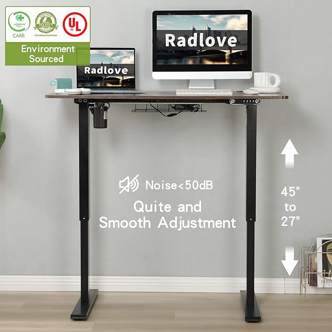 Radlove Electric Standing Desk 48 x 24 Inches, Height Adjustable Computer Desk Sit Stand Desk Home Office Desks with Splice Board and A Under Desk Cable Management Tray, Rustic Brown Top/Black Frame - LeafyLoom