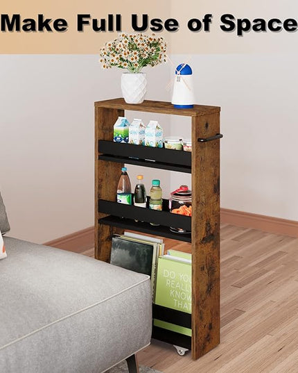 MARTY Slim Rolling Cart 4-Tier Utility Carts with Wheels Handle, Kitchen Storage Cart Slide Out Mobile Shelving Unit Organizer for Bathroom Laundry Room Organization Narrow Places (Rustic Brown) - LeafyLoom