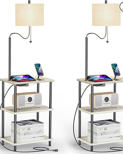 Set of 2 End Table with Lamp, Floor Lamp with Table Attached for Living Room, Small Bedside Nightstand Shelves, Side Table Reading Standing Light for Bedroom with USB Ports Type-C - LeafyLoom