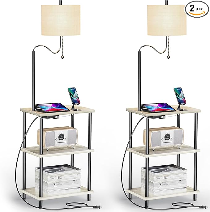 Set of 2 End Table with Lamp, Floor Lamp with Table Attached for Living Room, Small Bedside Nightstand Shelves, Side Table Reading Standing Light for Bedroom with USB Ports Type-C - LeafyLoom