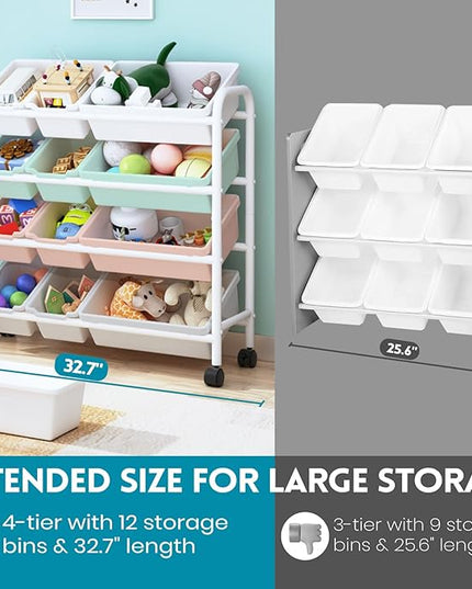Kids Toy Storage Organizer with 12 Plastic Bins, 4-Tier Metal Toy Storage Rack, Metal Toy Organizer with Storage Bins for Kids Room, Playroom and Nursery, Multi-Color - LeafyLoom