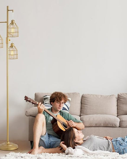 9MMML Golden Dimmable Floor Lamp,Industrial Gold Farmhouse Tall Standing Lamp for Living Room, Bedroom Office,3 Teardrop Cage Lampshade,3 LED Bulbs Inculded, 68'' Tall - LeafyLoom
