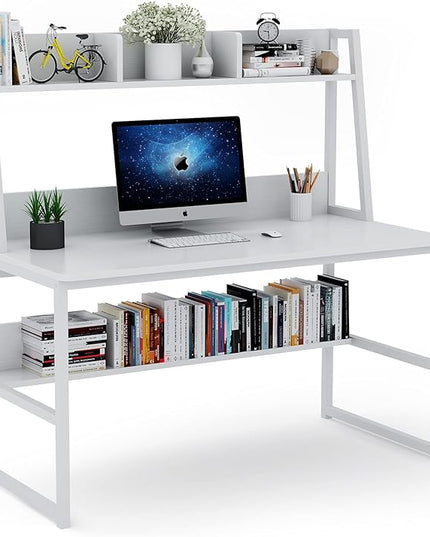 Tribesigns Computer Desk with Hutch, 47 inches Home Office Desk with Space Saving Design with Bookshelf for Small Spaces (All White, 47) - LeafyLoom