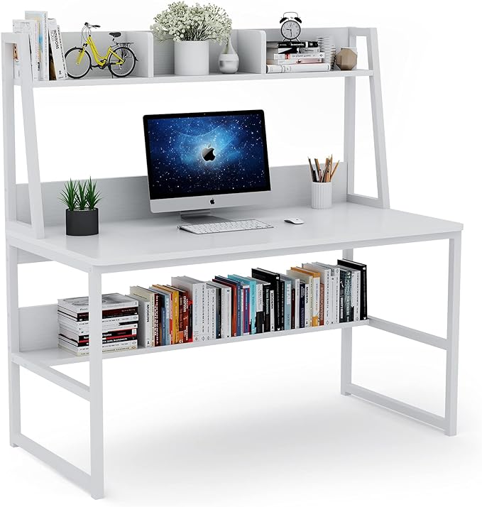 Tribesigns Computer Desk with Hutch, 47 inches Home Office Desk with Space Saving Design with Bookshelf for Small Spaces (All White, 47) - LeafyLoom