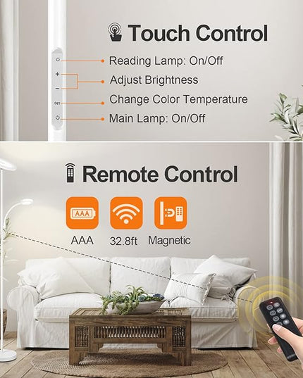 OUTON LED Floor Lamp, 27W/2400LM Modern Torchiere Lamp & 7W/ 400LM Reading Lamp, Bright Dimmable Standing Tall Lamp with 4 Color Temperature, Remote Touch Control for Living Room Bedroom Office, White - LeafyLoom