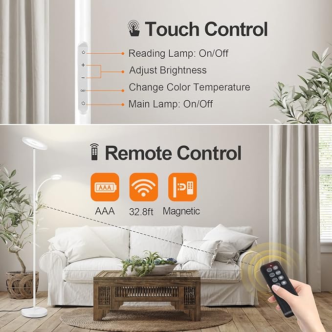 OUTON LED Floor Lamp, 27W/2400LM Modern Torchiere Lamp & 7W/ 400LM Reading Lamp, Bright Dimmable Standing Tall Lamp with 4 Color Temperature, Remote Touch Control for Living Room Bedroom Office, White - LeafyLoom