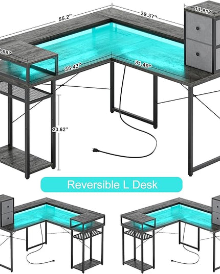 armocity L Shaped Desk with Drawers, Reversible Corner Computer Desk with LED Light & Power Outlet, 55.2'' L-Shaped Gaming Desk with Long Monitor Shelf, Home Office Desk for Small Corner Space, Grey - LeafyLoom