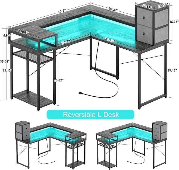 armocity L Shaped Desk with Drawers, Reversible Corner Computer Desk with LED Light & Power Outlet, 55.2'' L-Shaped Gaming Desk with Long Monitor Shelf, Home Office Desk for Small Corner Space, Grey - LeafyLoom