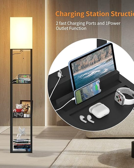 PAZZO Floor Lamp with Shelves, Shelf Lamps by Real Solid Wood with 2 Charging Ports and 1 Power Outlet, Floor Lamps for Bedrooms, Lamps for Living Room,Bulb Included,Matt Black - LeafyLoom