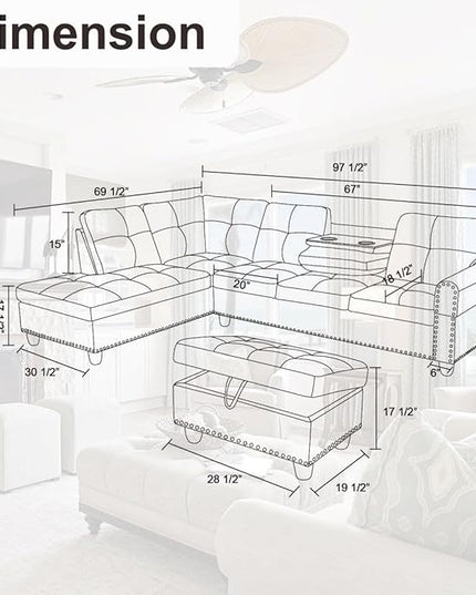 Leather L Shaped Sectional Ottoman Modern Nail-Head Design Comfy Lounge Modular Sofa with Cup Holder & Chaise for Living Room, Bedroom, Office, L Couch White - LeafyLoom