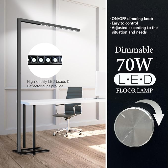 STERREN 77" LED Floor Lamp, 7350LM Dimmable Eye-care Standing Piano Lamp, 70W Modern Tall Reading Light Bright Lighting for Office Living Room Bedroom, 4000K Natural Daylight - Black - LeafyLoom