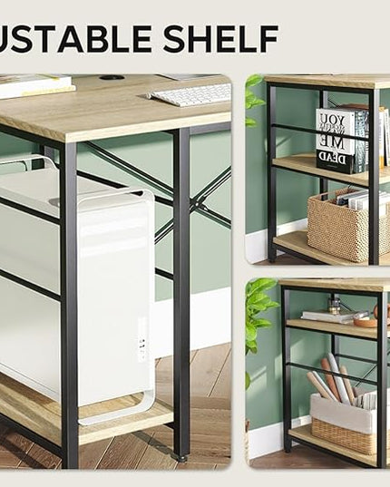 Bestier 95.2” L Shaped Desk, Reversible Corner Computer Desk or 2 Person Long Table with Adjustable Shelves, Large Writing Study Workstation with 3 Cable Holes - Oak - LeafyLoom