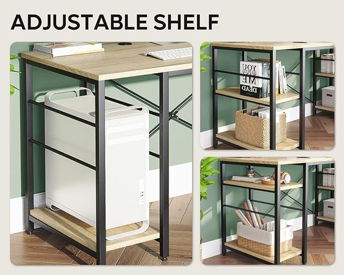 Bestier 95.2” L Shaped Desk, Reversible Corner Computer Desk or 2 Person Long Table with Adjustable Shelves, Large Writing Study Workstation with 3 Cable Holes - Oak - LeafyLoom
