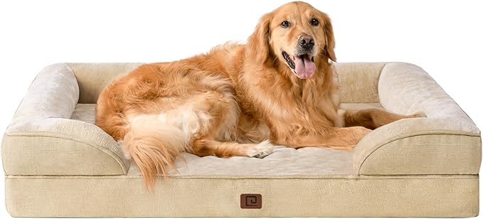 EHEYCIGA Orthopedic Dog Beds for Large Dogs, Waterproof Memory Foam Large Dog Bed with Sides, Non-Slip Bottom and Egg-Crate Foam Large Dog Couch Bed with Washable Removable Cover, Greige EHEYCIGA