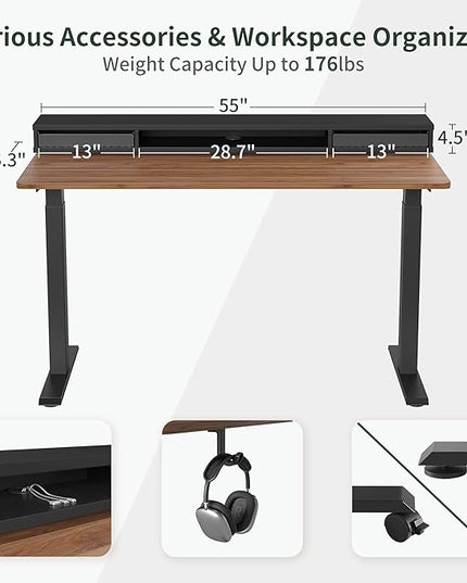 FEZIBO 55 x 24 Inch Height Adjustable Electric Standing Desk with Double Drawers, Stand Up Desk with LED Strips, Sit Stand Desk with Monitor Stand, Blcak Walnut - LeafyLoom