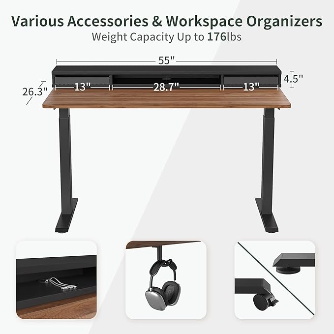 FEZIBO 55 x 24 Inch Height Adjustable Electric Standing Desk with Double Drawers, Stand Up Desk with LED Strips, Sit Stand Desk with Monitor Stand, Blcak Walnut - LeafyLoom
