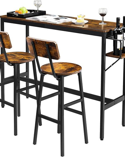 Bar Table and 2 Chairs Set, Industrial Style 3 Pieces Pub Dining Table Set with Collapsible Bottle Holder, 2 Bar Stools with Backrest for Kitchen, Apartment, Small Space - LeafyLoom