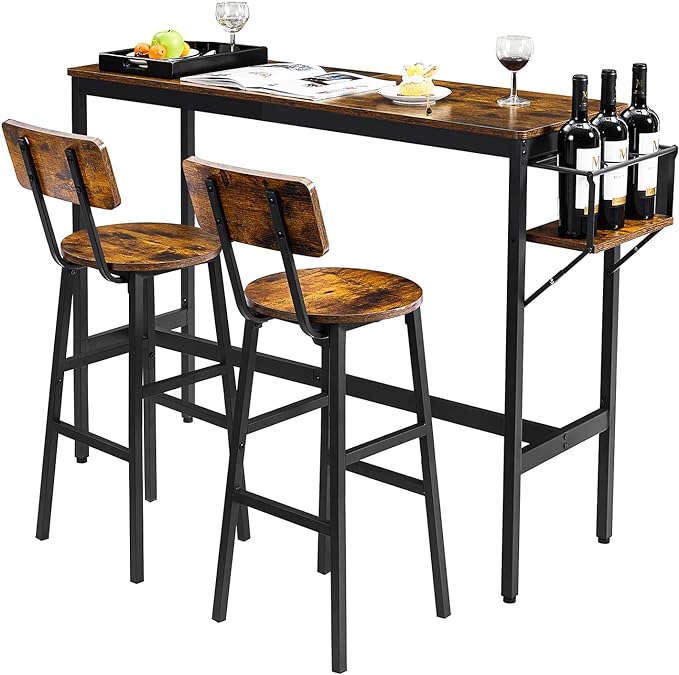 Bar Table and 2 Chairs Set, Industrial Style 3 Pieces Pub Dining Table Set with Collapsible Bottle Holder, 2 Bar Stools with Backrest for Kitchen, Apartment, Small Space - LeafyLoom