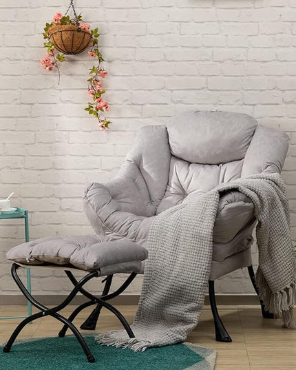 HollyHOME Fabric Lazy Chair with Foldable Ottoman, Accent Comfy Lounge Arm Chair and Folding Footrest Stool Set, Leisure Sofa Reading Chair and Footstool for Living Room, Bedroom, Dorm, Grey - LeafyLoom