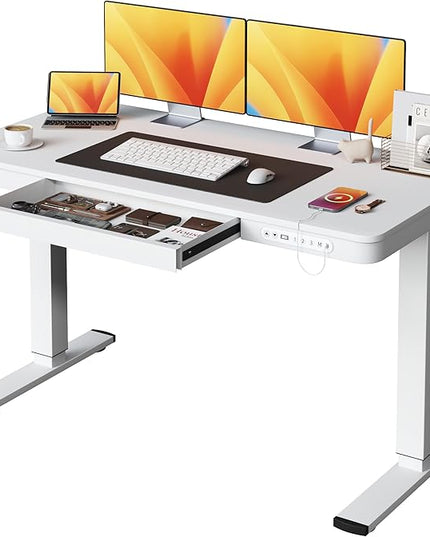 Electric Standing Desk with Drawer, 48 x 24 inches with Preassembled Top & USB Charging Ports, Height Adjustable for Home & Office, White - LeafyLoom