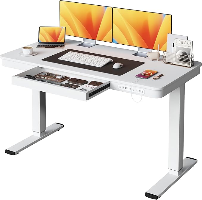 Electric Standing Desk with Drawer, 48 x 24 inches with Preassembled Top & USB Charging Ports, Height Adjustable for Home & Office, White - LeafyLoom