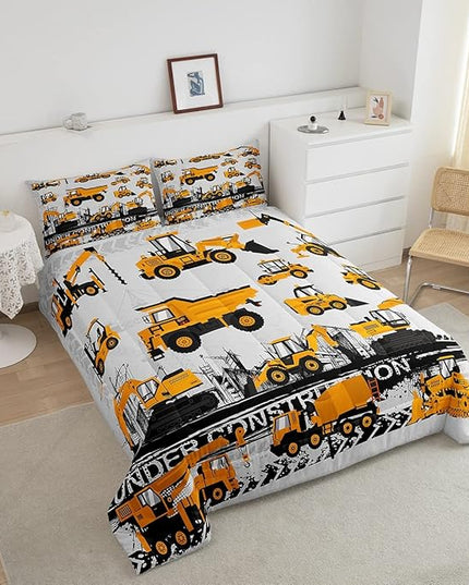 Feelyou Under Construction Comforter Set Vehicles Truck Car Bedding Set for Kids Boys Girls Children Cartoon Excavator Comforter Room Decor Machinery Bulldozer Crane Duvet Set Twin Size - LeafyLoom