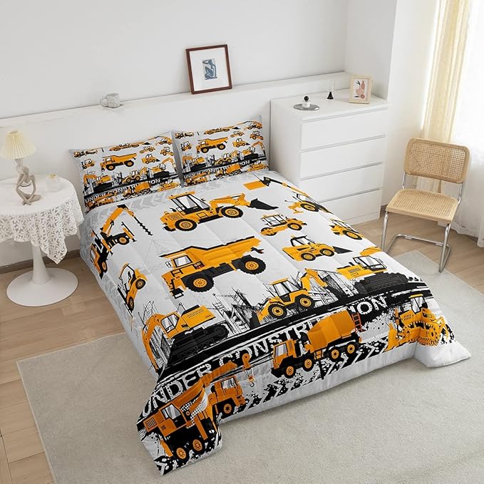 Under Construction Comforter Set Vehicles Truck Car Bedding Set for Kids Boys Girls Children Cartoon Excavator Comforter Room Decor Machinery Bulldozer Crane Duvet Set Full Size - LeafyLoom
