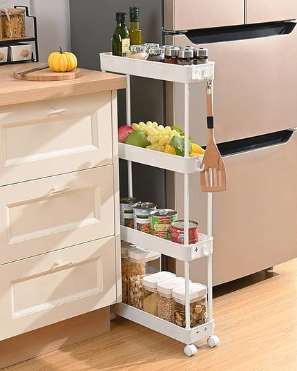 TOOLF Slim Rolling Storage Cart, 4 Tier Bathroom Organizer, Skinny Rolling Utility Cart on Wheels with Hooks, Mobile Shelving Unit Organizer for Kitchen, Bathroom, Laundry, Narrow Places, White - LeafyLoom