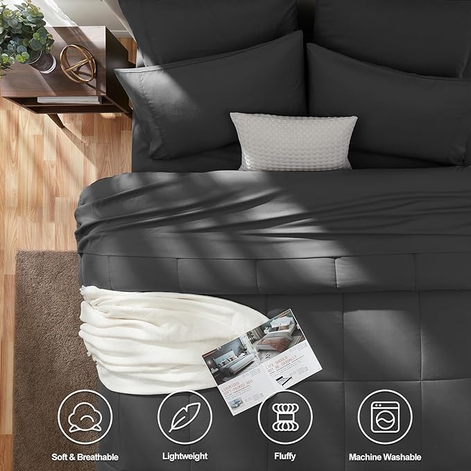 CozyLux Twin XL Size Comforter Sets - 7 Pieces Bed in a Bag Set Dark Grey, Bedding Sets Twin Extra Long with All Season Quilted Comforter, Flat Sheet, Fitted Sheet, Pillowcases, Dark Grey - LeafyLoom