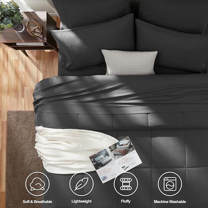 CozyLux California King Size Comforter Sets - 7 Pieces Bed in a Bag Set Dark Grey, Bedding Sets Cal King with All Season Quilted Comforter, Flat Sheet, Fitted Sheet, Pillowcases, Dark Grey - LeafyLoom