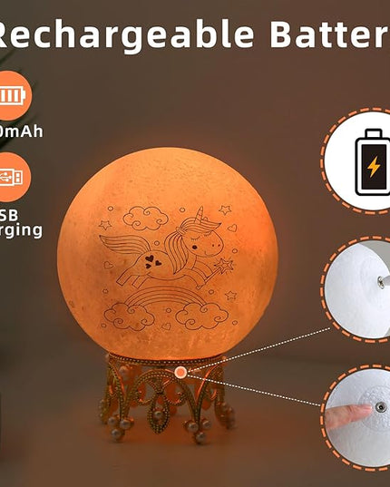 Moon Lamp, 3.9 Inch 3D Moon Night Light Gifts for 3 4 5 6 7 8 9 10 11 12 13+ Year Old Girls Birthday, Unicorn Gifts for Girls Age 3 4 5 6-8+ 16 Colors with Crown Stand & Remote Control - LeafyLoom