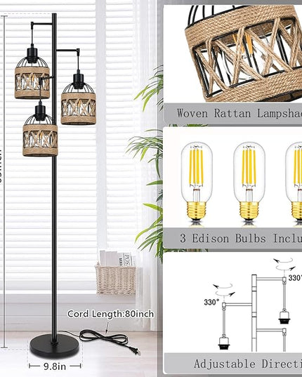 Tree Floor Lamp Rattan for Living Room,Bedroom,3-Lights Boho Floor Lamps,Farmhouse Industrial Black Standing Lamp Wicker Tall Lamp,Woven Bamboo Lamp Shade Floor Light Bohemian - LeafyLoom