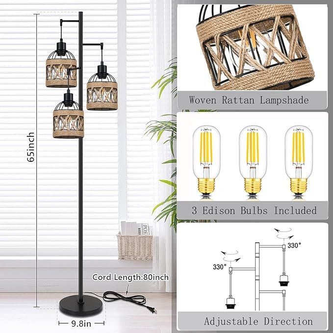 Tree Floor Lamp Rattan for Living Room,Bedroom,3-Lights Boho Floor Lamps,Farmhouse Industrial Black Standing Lamp Wicker Tall Lamp,Woven Bamboo Lamp Shade Floor Light Bohemian - LeafyLoom