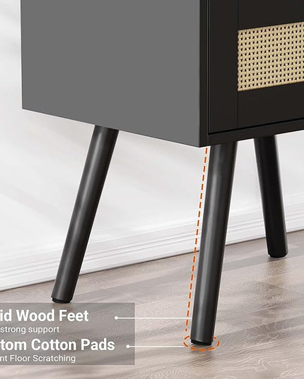 SUPERJARE Nightstands with Charging Station, Bedside Table Set of 2 with PE Rattan Drawers, Rattan Side Table with Storage & Solid Wood Feet, End Table for Bedroom, Black - LeafyLoom