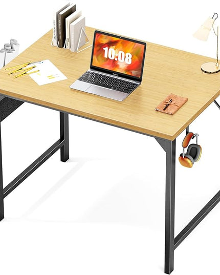 JHK Computer Small Desk Office 32 Inch Writing Work Kids Study Simple Wooden Table for Home Bedroom Modern Style with Headphone Hooks & Storage Bag, Nature - LeafyLoom
