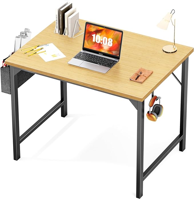 JHK Computer Small Desk Office 32 Inch Writing Work Kids Study Simple Wooden Table for Home Bedroom Modern Style with Headphone Hooks & Storage Bag, Nature - LeafyLoom