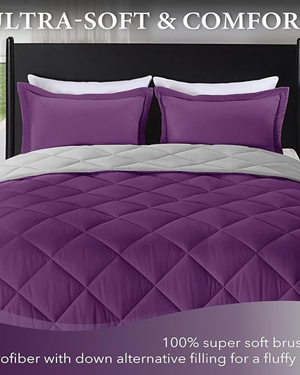 downluxe King Size Comforter Set - Purple and Grey King Comforter, Soft Bedding Sets for All Seasons -3 Pieces - 1 Comforter (104"x92") and 2 Pillow Shams(20"x36") - LeafyLoom