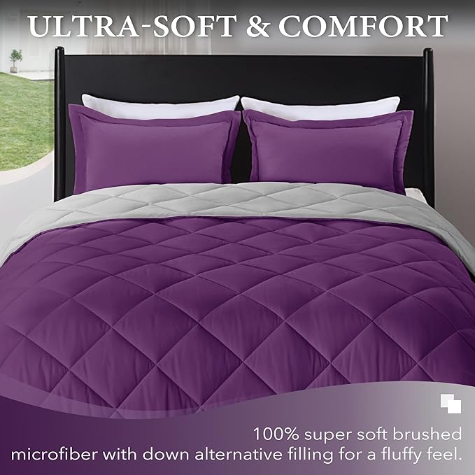 downluxe King Size Comforter Set - Purple and Grey King Comforter, Soft Bedding Sets for All Seasons -3 Pieces - 1 Comforter (104"x92") and 2 Pillow Shams(20"x36") - LeafyLoom