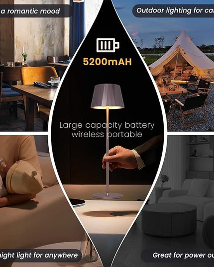 Modern LED Cordless Table Lamp,5200mAh Rechargeable Desk Lamp with Stepless Dimming, Touch Waterproof Night Light for Bedroom Outdoor Bar RV Kitchen (Purplish-Brown, 3000K, Warm White) - LeafyLoom