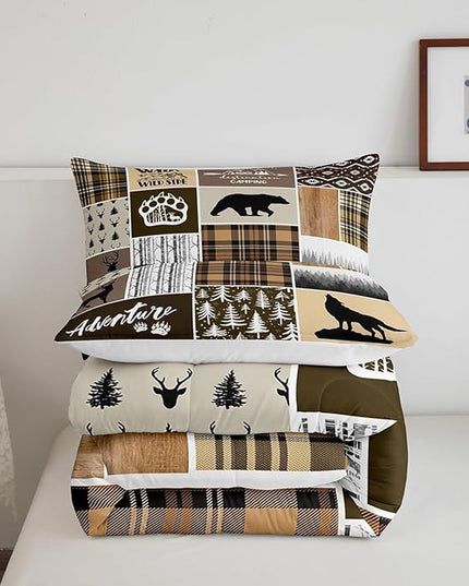 Rustic Farmhouse Kids Comforter Set Queen Size,Deer Antlers Bear Paws Plaids Patchwork Bedding Set for Boys Girls Adults Room Decor,Pine Trees Xmas Down Comforter,Brown Duvet Insert,2 Pillowcases - LeafyLoom