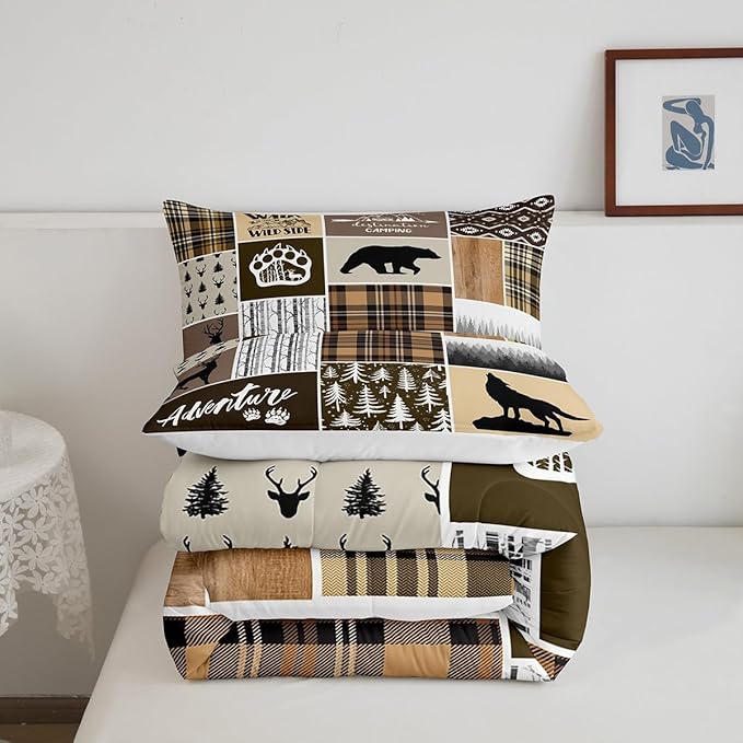 Rustic Farmhouse Kids Comforter Set Twin Size,Deer Antlers Bear Paws Plaids Patchwork Bedding Set for Boys Girls Adults Room Decor,Pine Trees Xmas Down Comforter,Brown Duvet Insert,1 Pillowcase - LeafyLoom